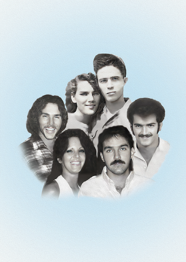 Vintage group photo with retro styling and blue tint.