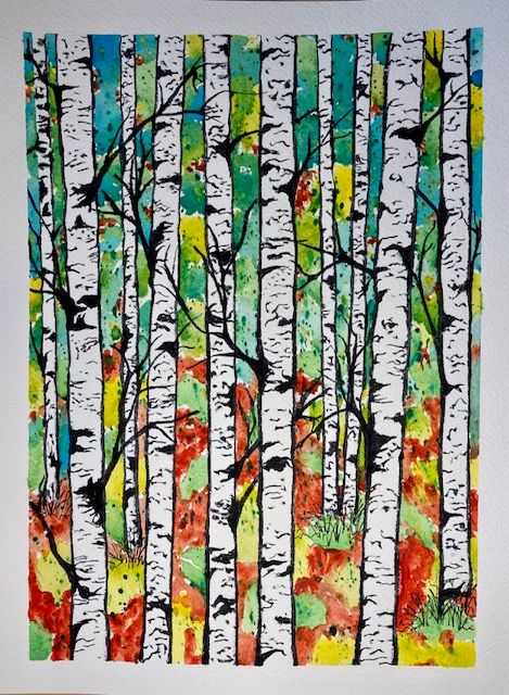 Progressive watercolor painting of birch trees with colorful autumn foliage in a forest scene.