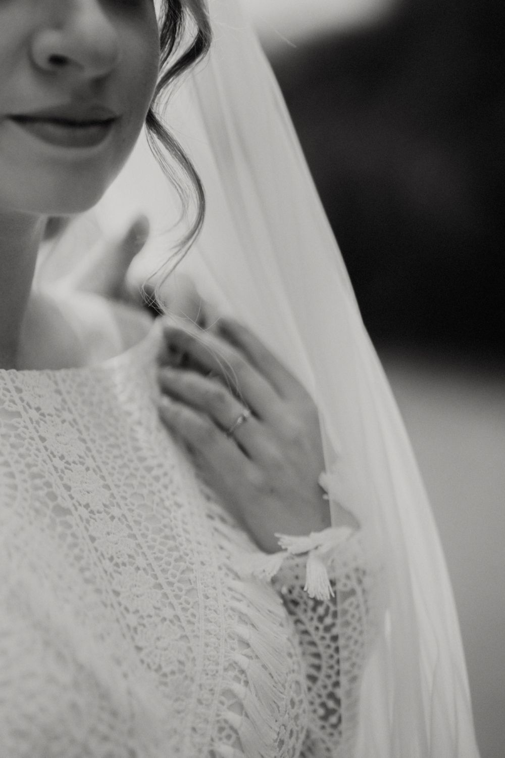 Close-up details of a delicate lace wedding dress and veil in black and white.