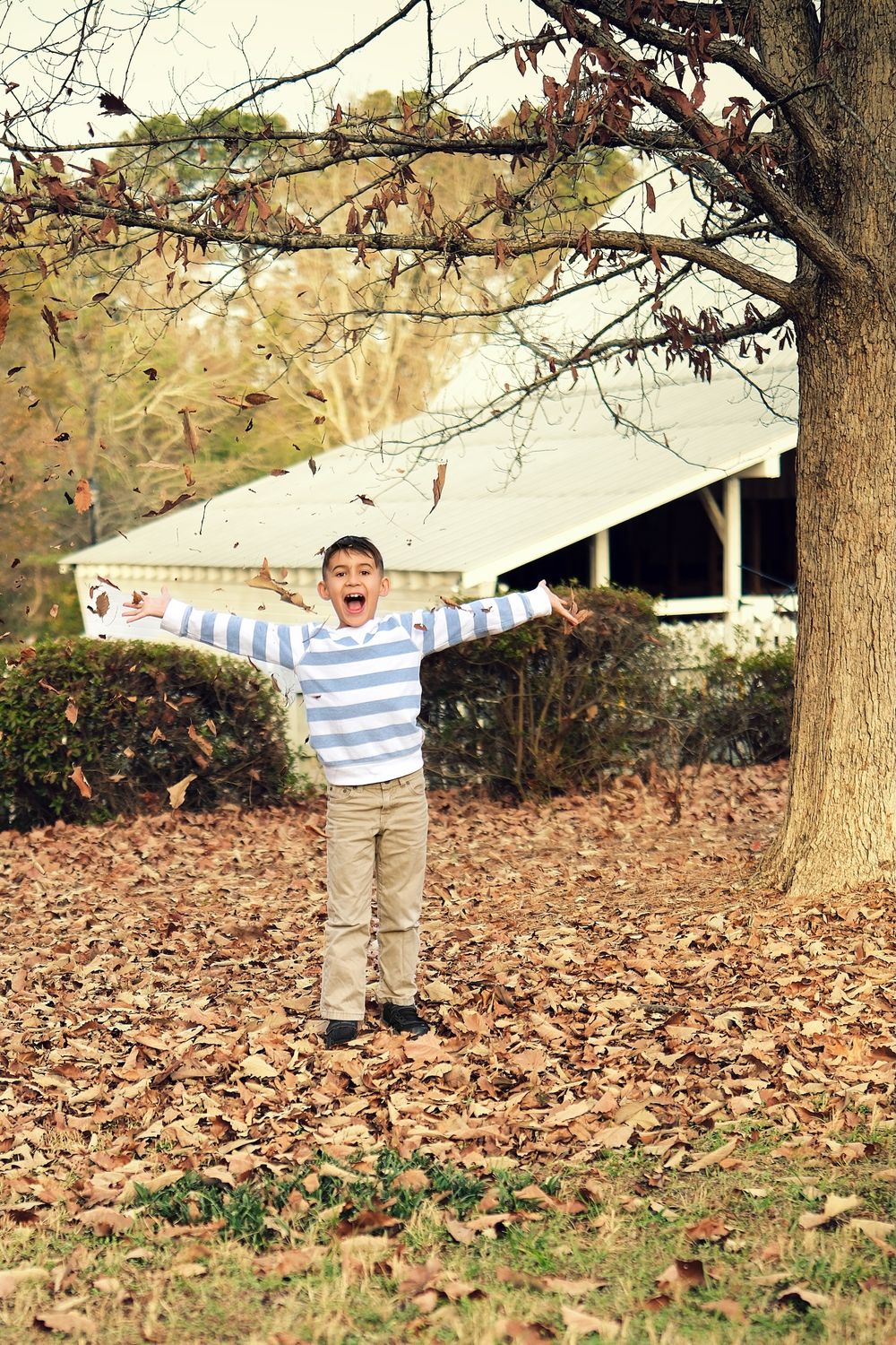 Child with arms spread wide standing in fallen autumn leaves expresses pure joy.