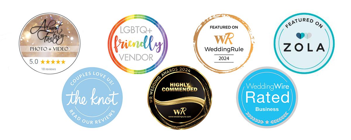 A set of social proof badges showing Almost Fantasy to be a leader in excellence for luxury wedding photography and videography in Kalamazoo