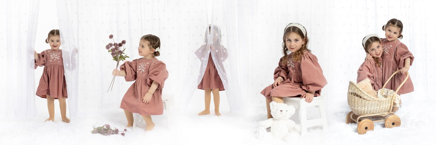 Vintage-style collection of photography photos showing children in mauve dresses with delicate details.