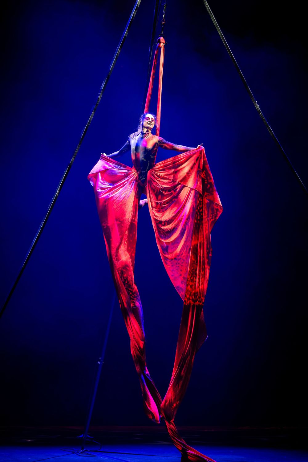 Aerial performer in black leotard gracefully poses with flowing red silk fabric against deep blue background during circus act.