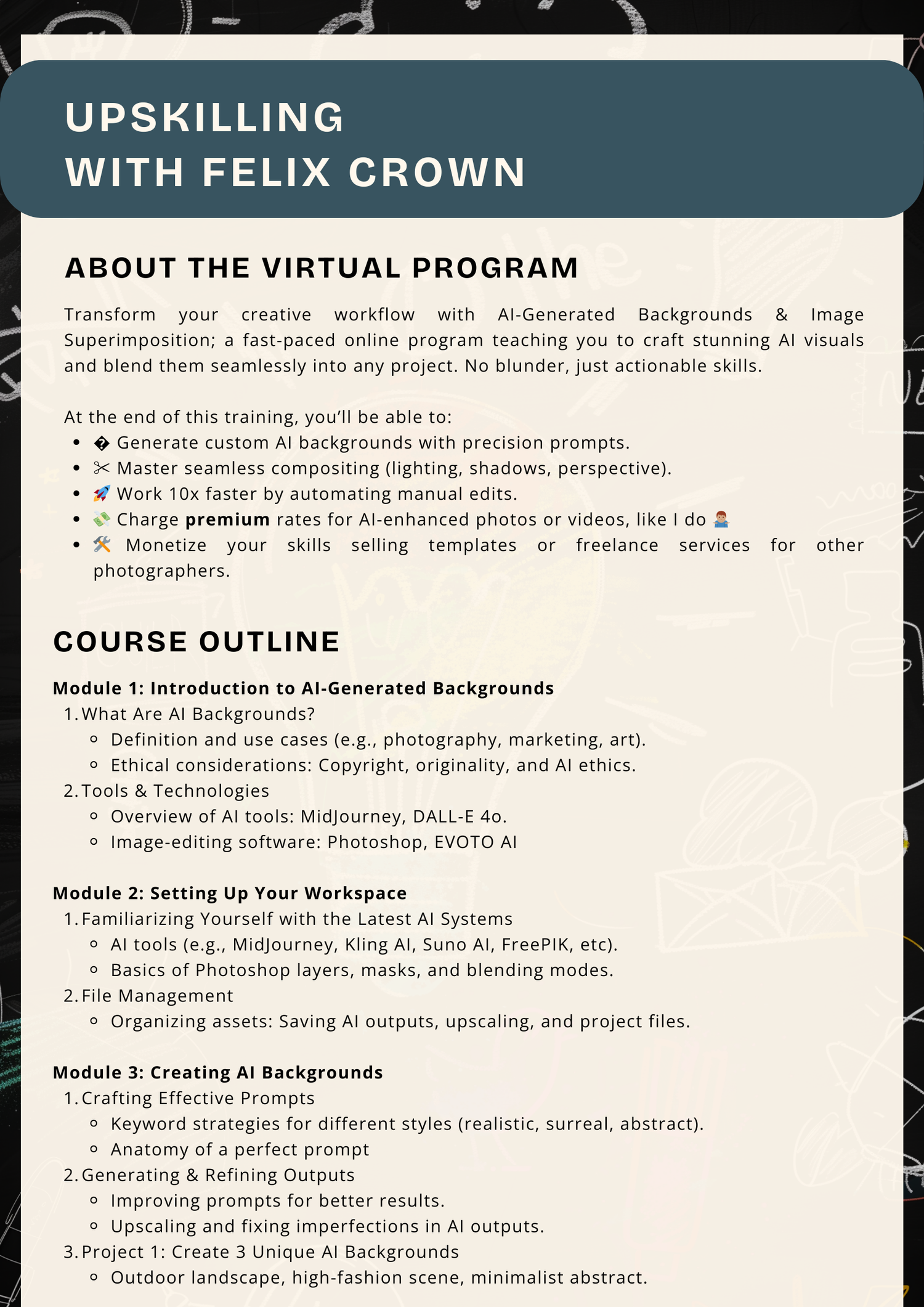 A course outline document showing modules and curriculum details for an upskilling program with Felix Crown on virtual backgrounds.