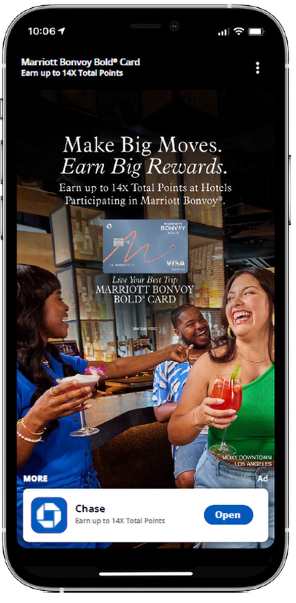 Chase Marriott Bonvoy Bold Visa card ad on mobile app, promoting 14X points at Marriott hotels with people celebrating.