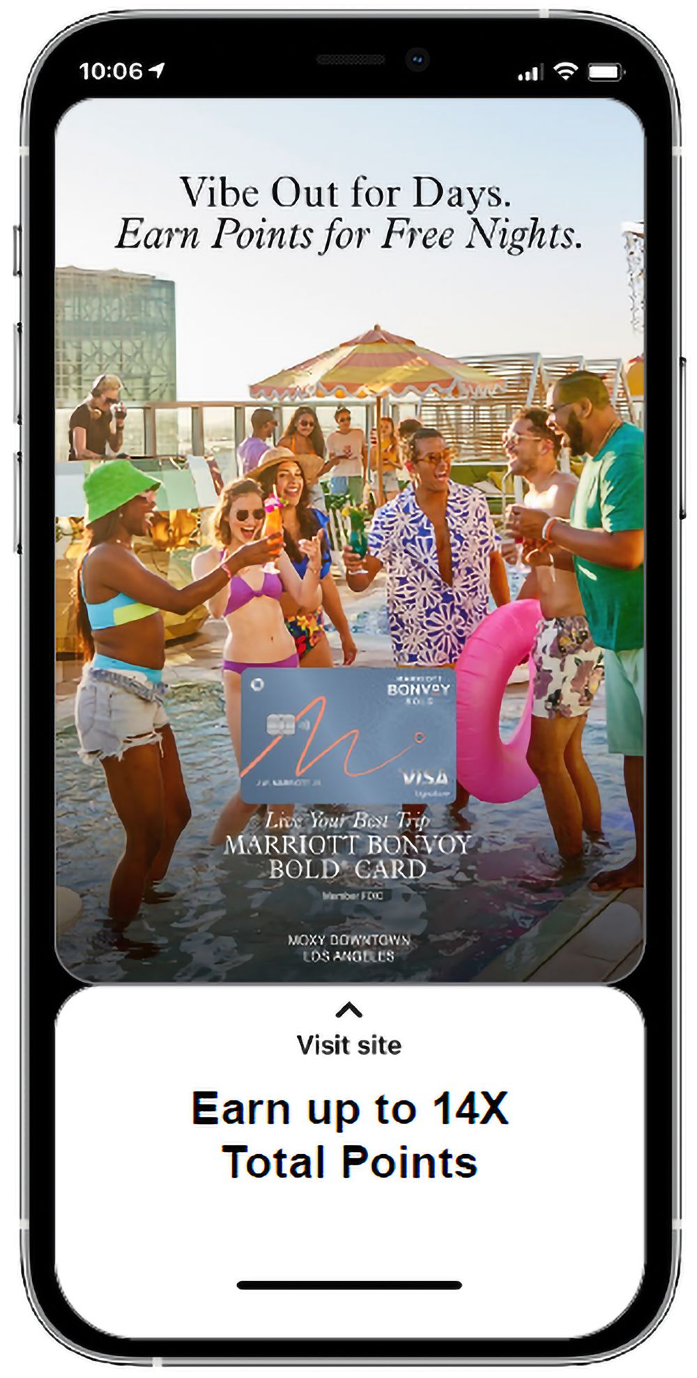 Marriott Bonvoy Bold Visa credit card ad showing friends partying poolside, promoting up to 14X points for free nights.