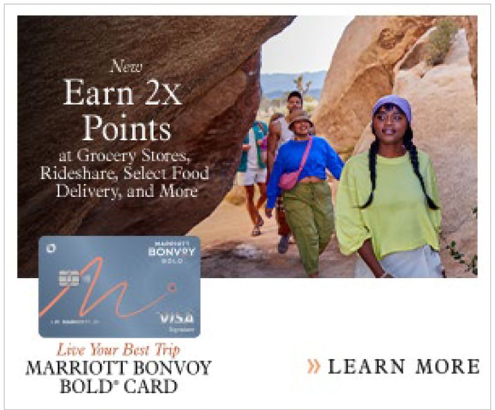 Marriott Bonvoy Bold Visa card ad offering 2x points at grocery stores, rideshare, and food delivery.