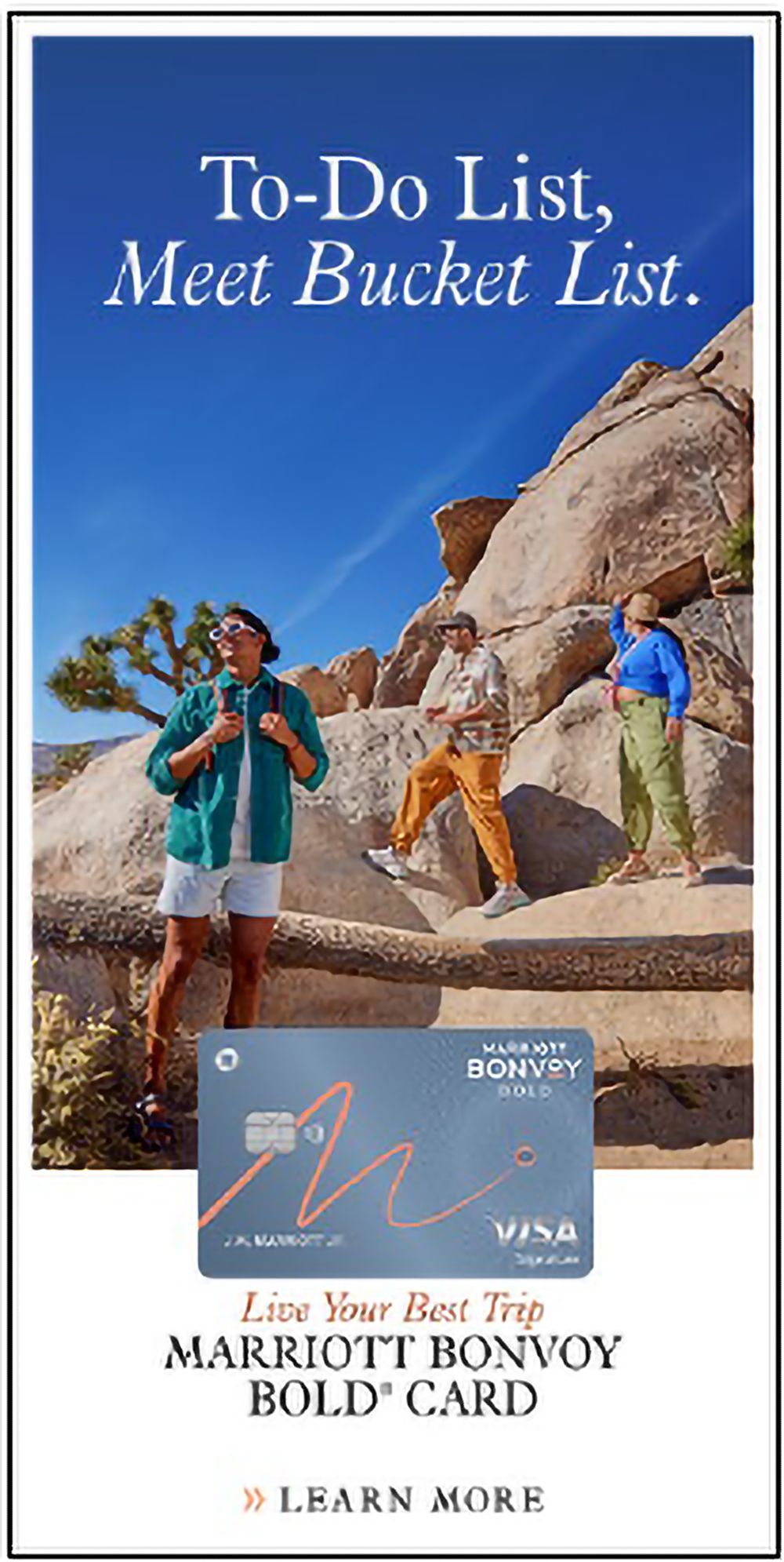 Marriott Bonvoy Bold Visa credit card ad featuring hikers exploring rocky desert landscape with Joshua trees under blue sky.