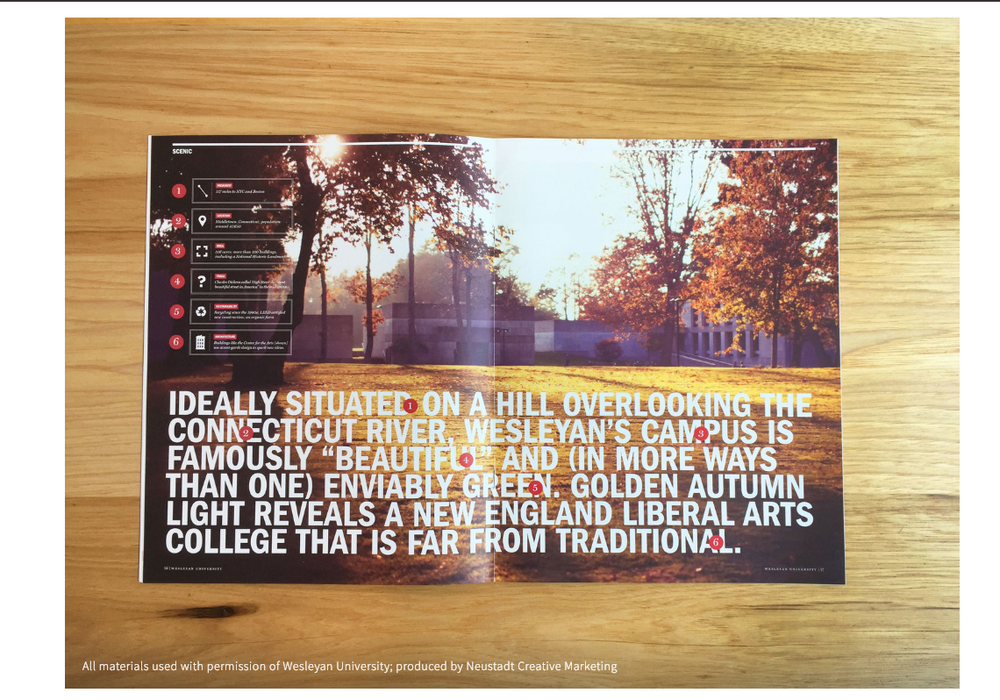 Wesleyan University campus brochure showing golden autumn foliage on a hilltop overlooking the Connecticut River in New England.