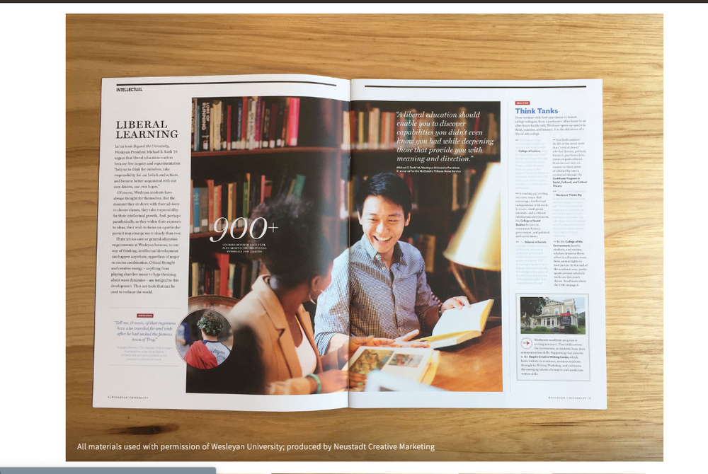 Open magazine spread featuring Liberal Learning article with smiling student at desk and bold 900+ statistic highlighted.