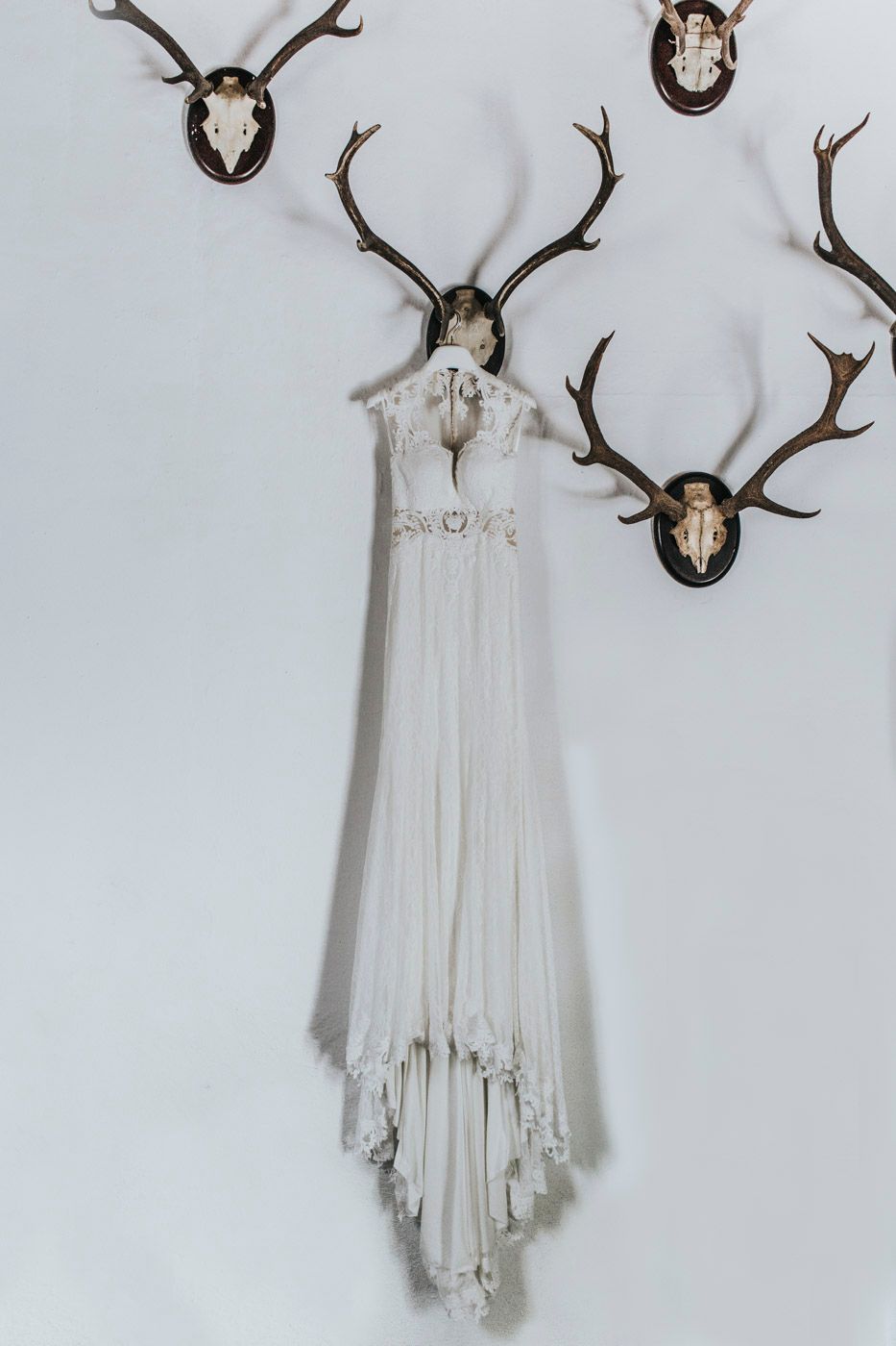 White wedding dress hanging from antique deer antler mount on wall with other mounted antlers.