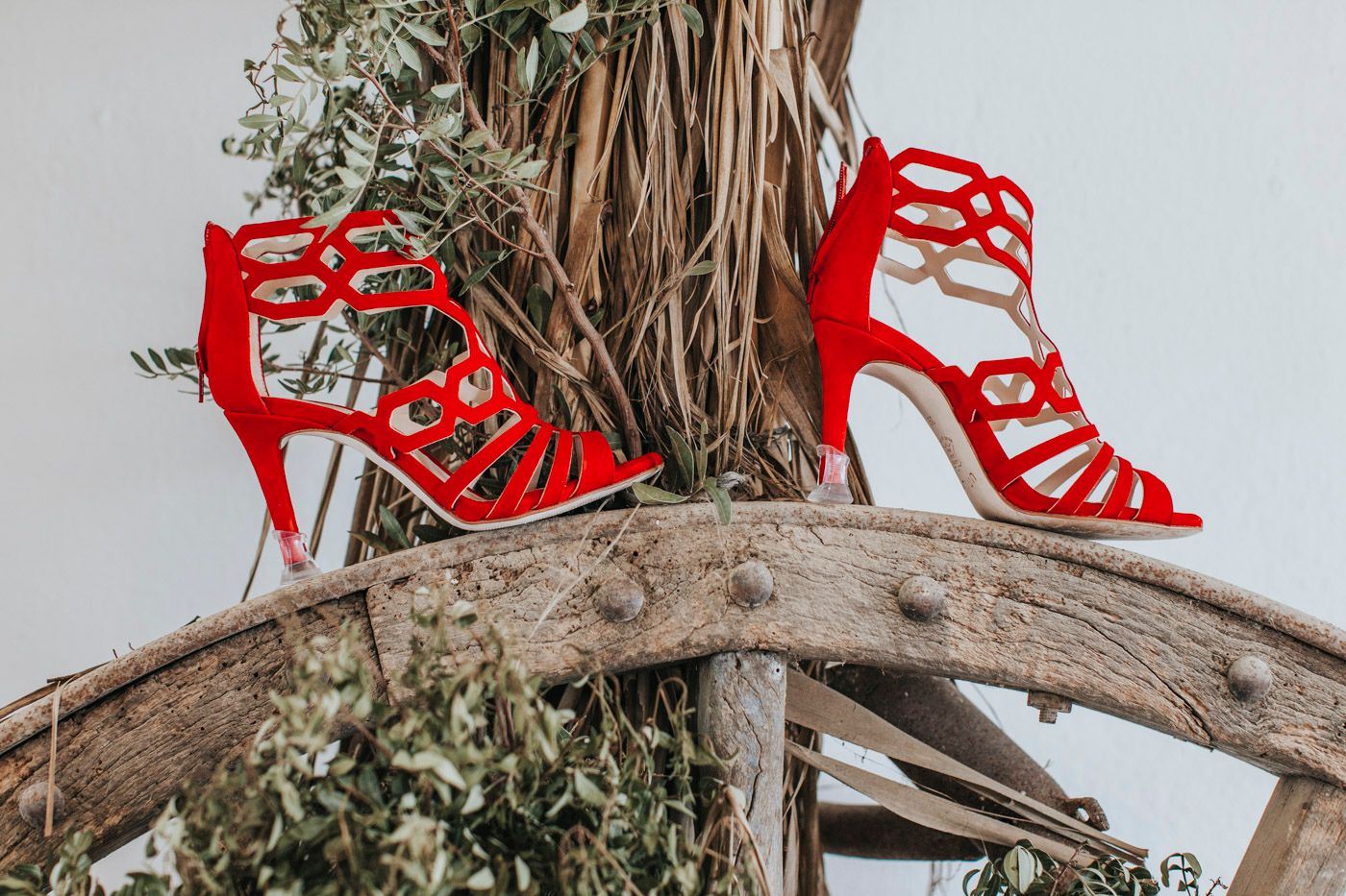 A pair of bright red strappy high heel sandals displayed on a rustic piece of driftwood with dried foliage.