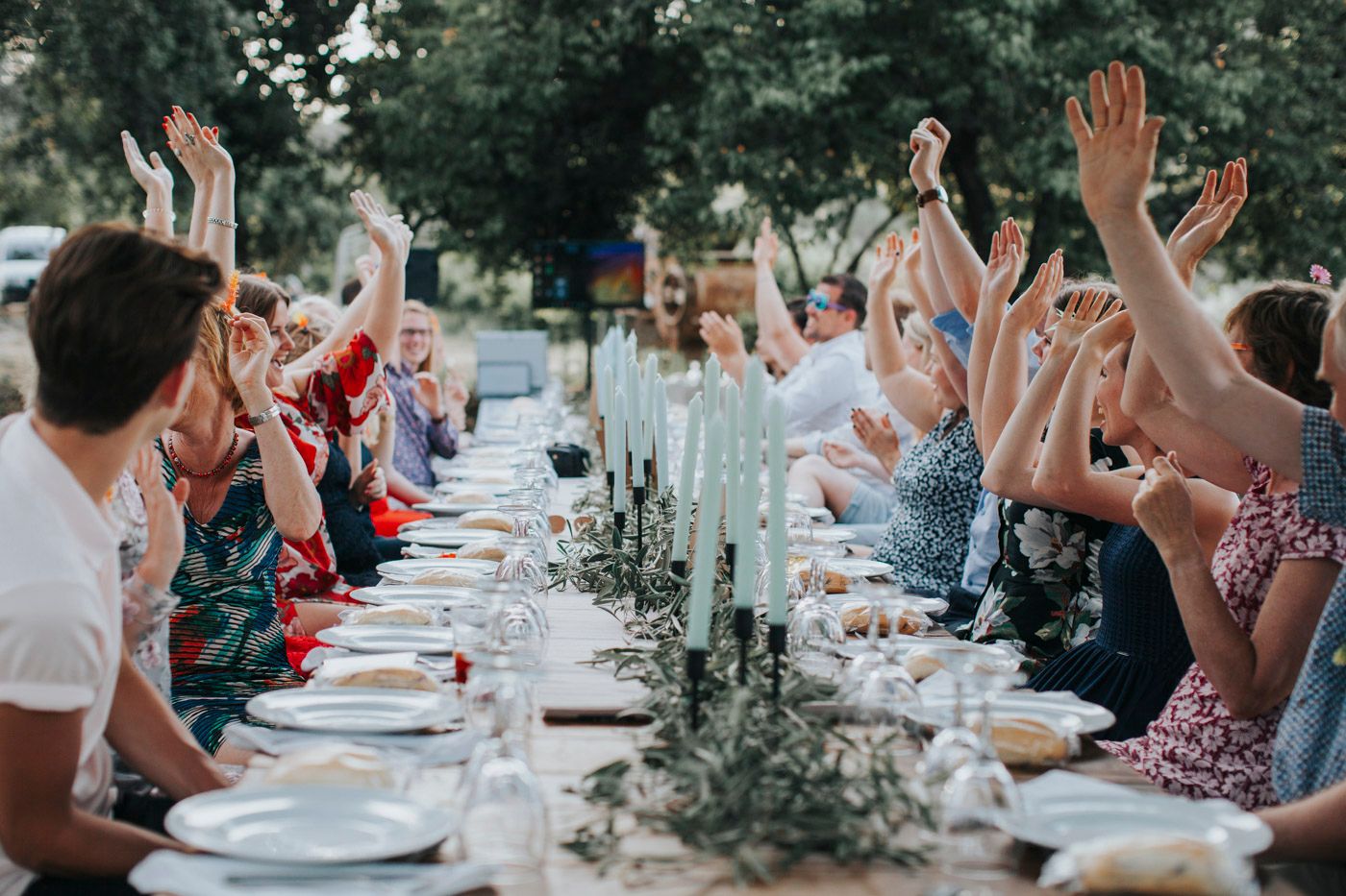 Outdoor dinner party table with guests raising hands and greenery decor centerpiece running along rustic wooden table.