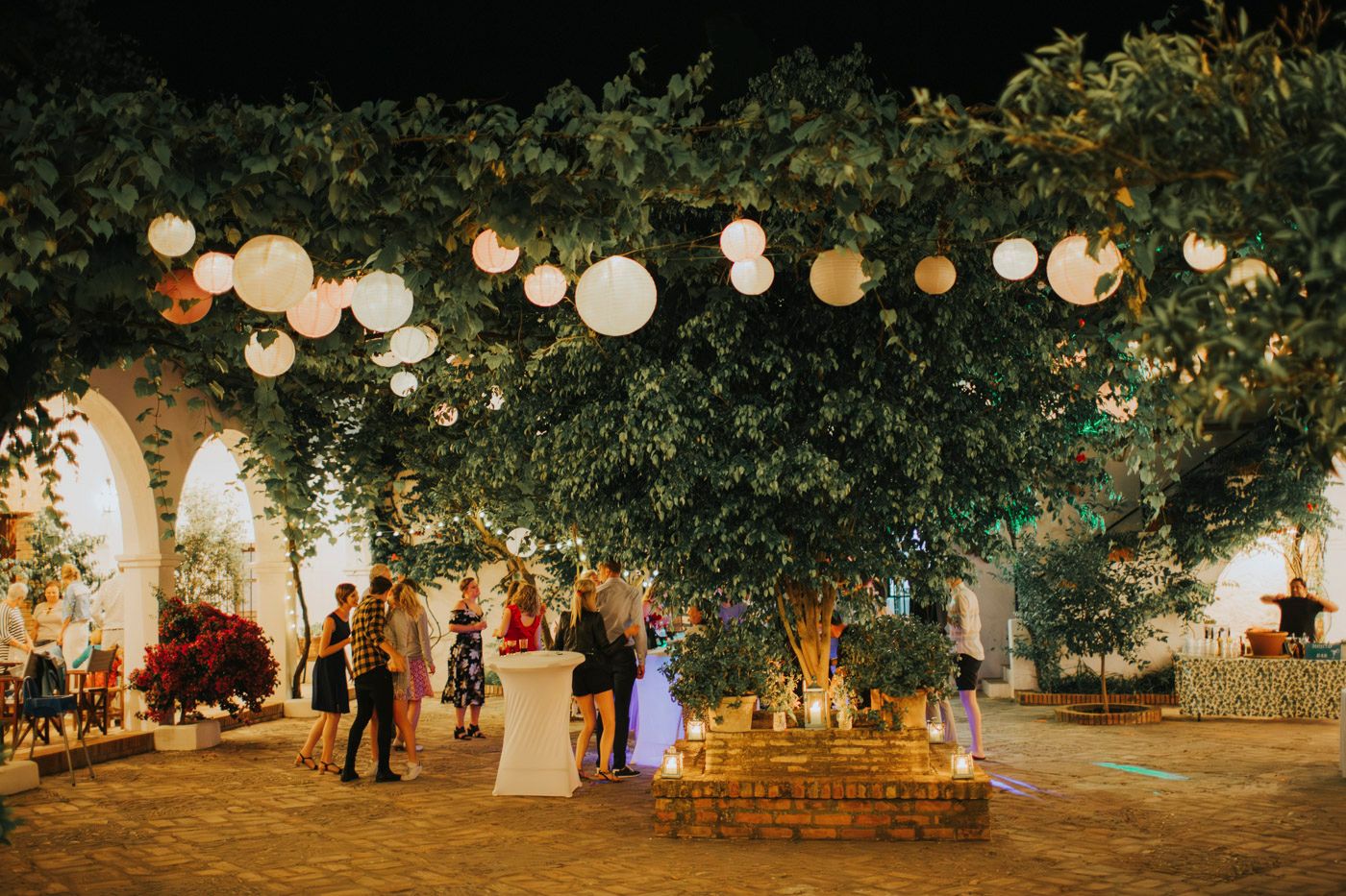 Evening outdoor wedding reception with paper lanterns hanging from trees and illuminated garden arches.