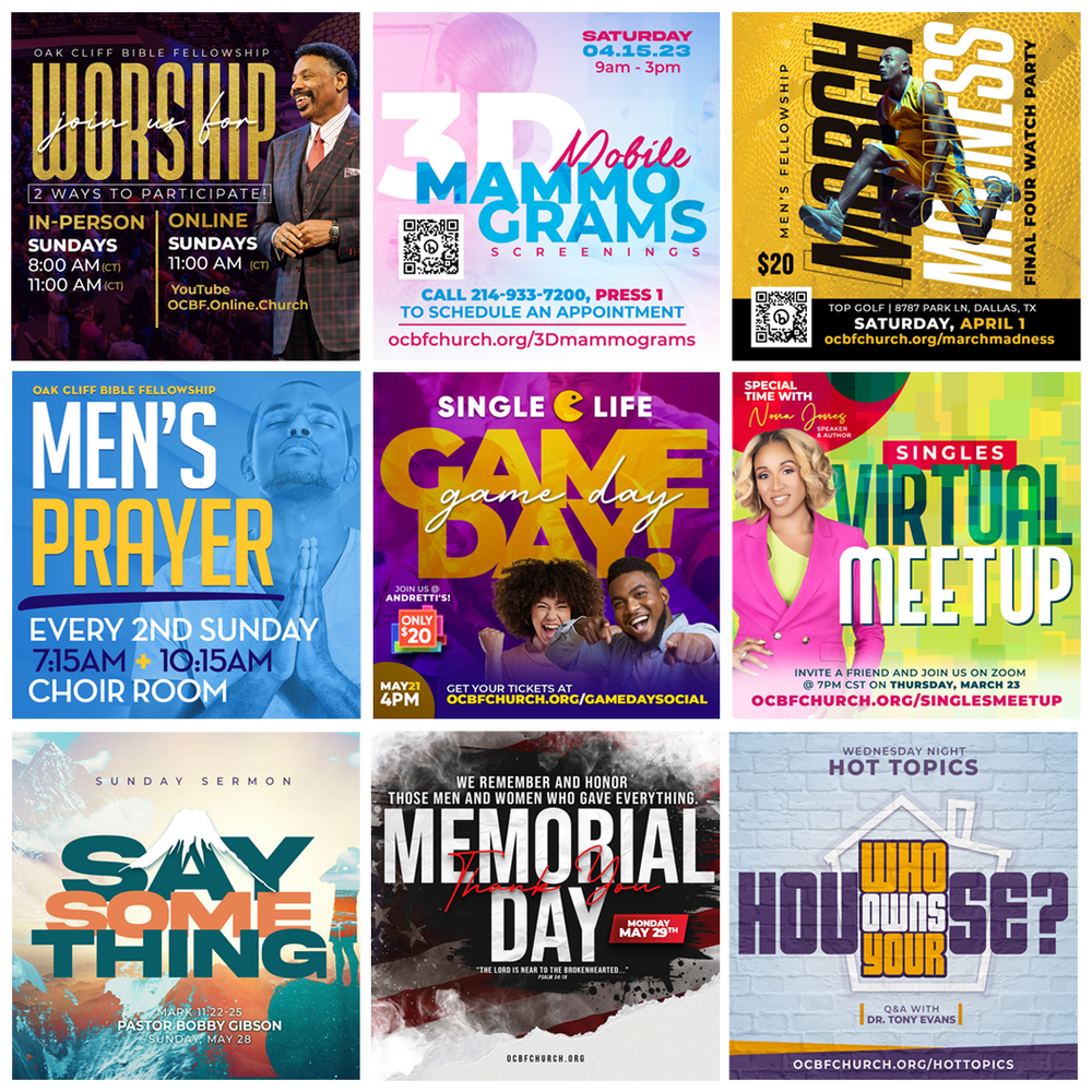 Collection of church event banners featuring worship services, prayer meetings, and memorial day celebrations with vibrant colors.