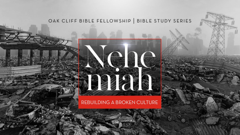 Black and white banner images featuring Bible study series titles and cityscape backgrounds with text overlays.