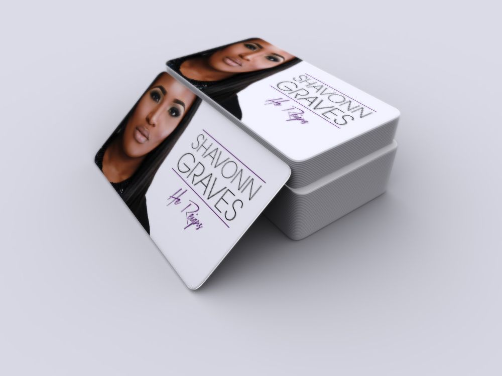 White business cards with portrait photos shown from multiple angles on a light gray background.