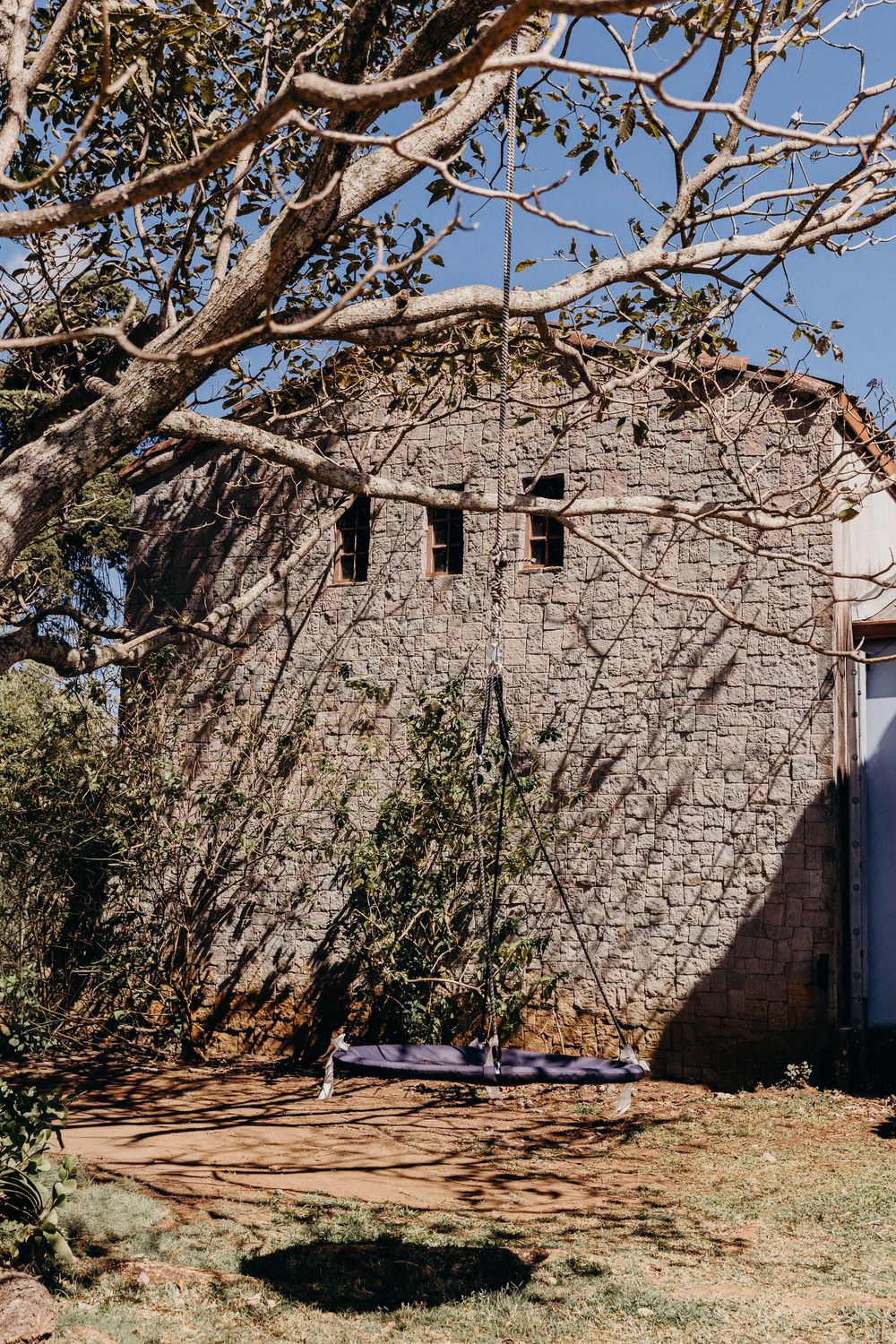 A rope swing hangs from a large tree casting shadows on a rustic stone wall building in a sunny backyard.