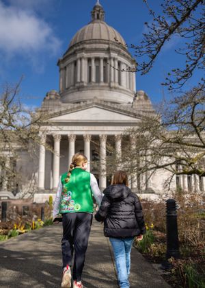 Two people walking towards a domed government building on a sunny day.