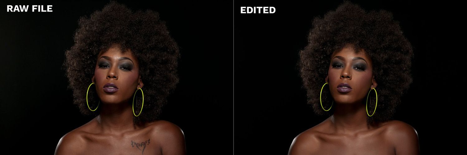 Raw versus edited portrait photography comparison showing dramatic lighting effects.