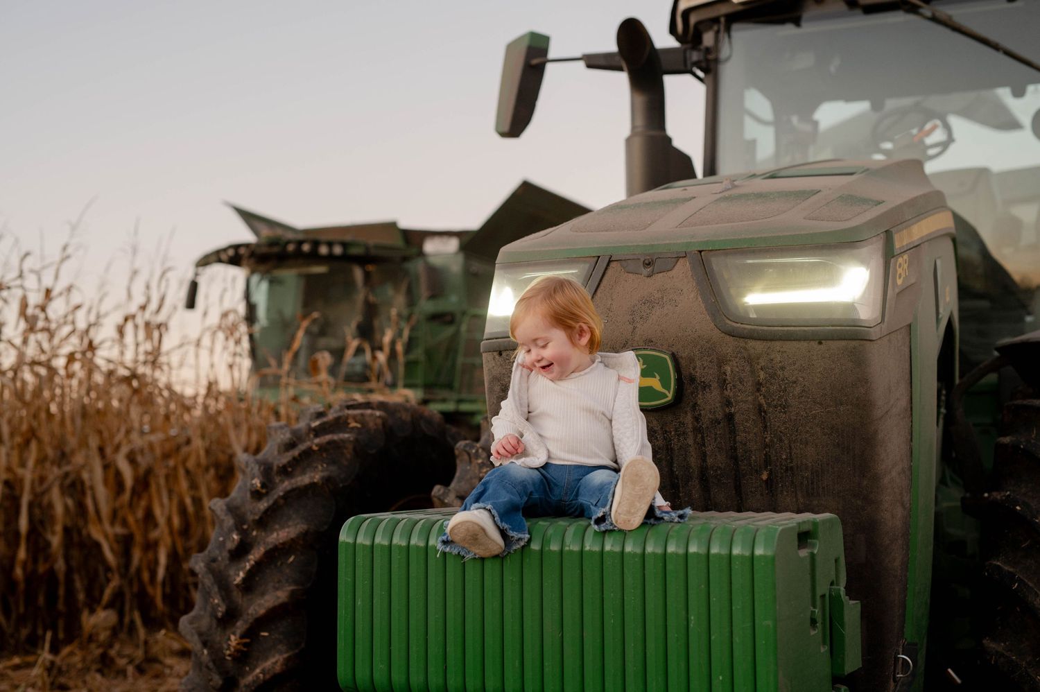 Child sitting on the hood of a modern farm tractor during harvest time.