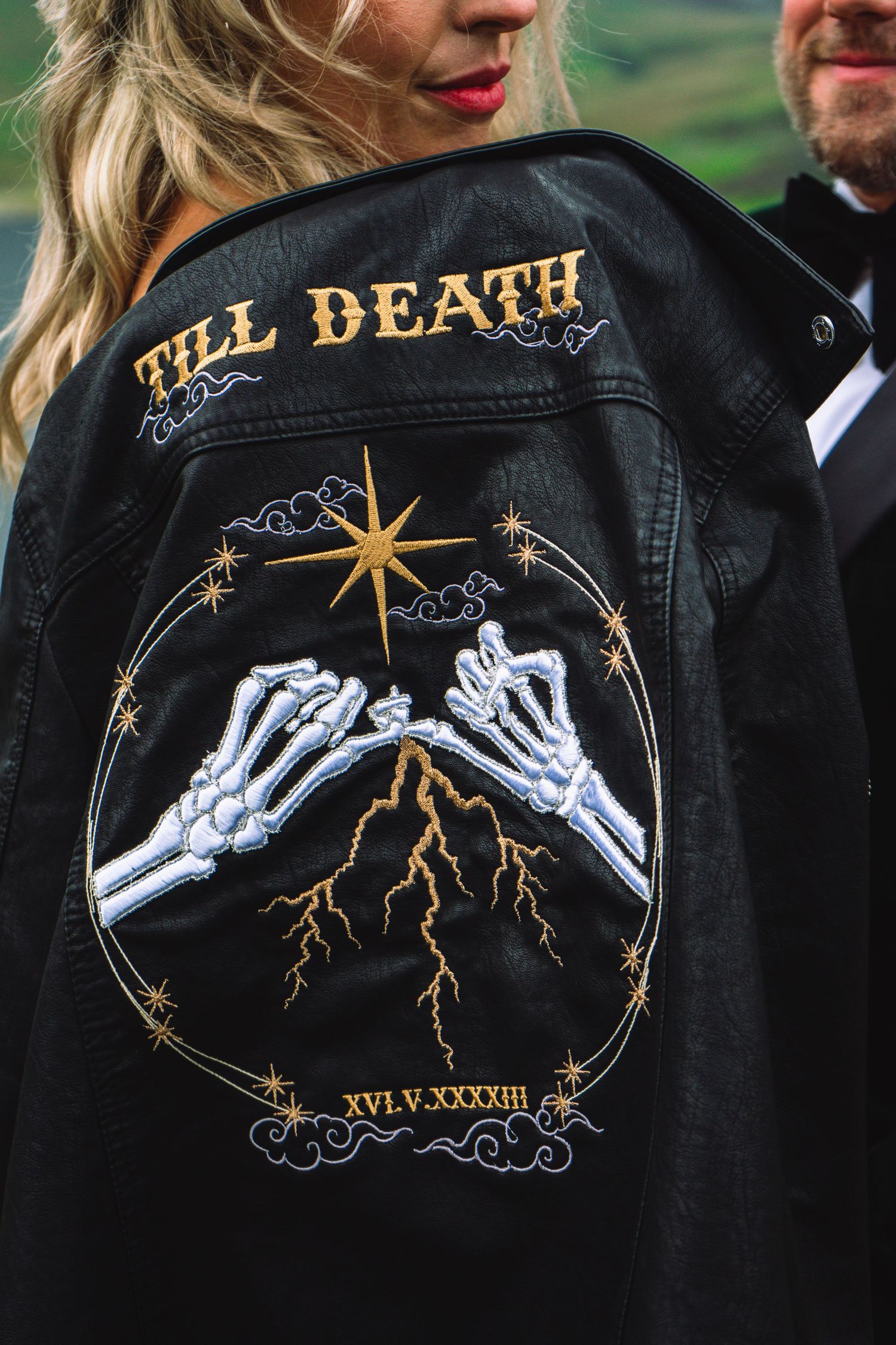 Embroidered leather jacket for wedding, alternative bride, rock n roll wedding, gothic wedding, Lake District wedding, punk outfit bride