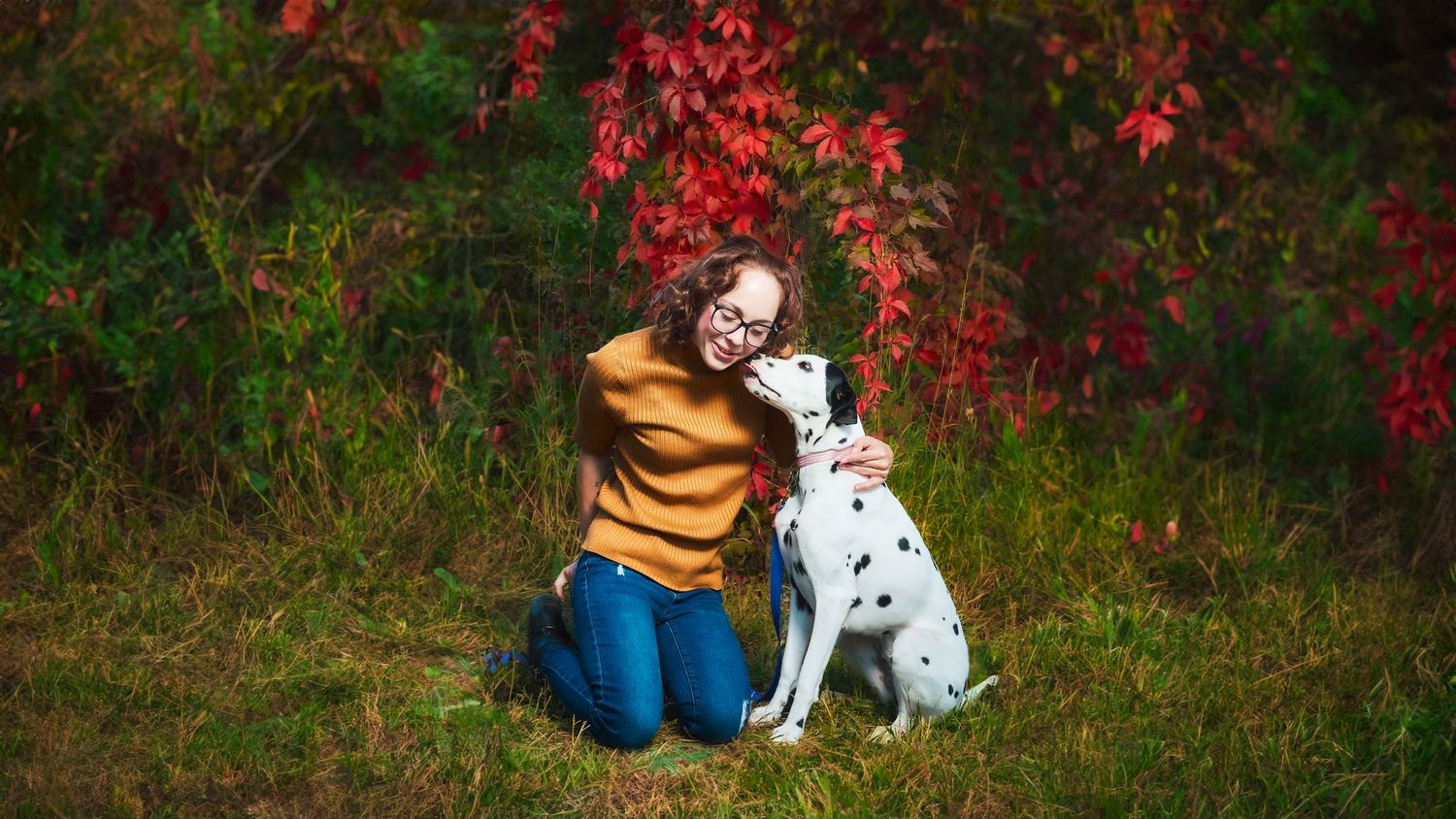 Woman in a mustard sweater kneels beside her Dalmatian, both sharing a joyful moment among vibrant autumn leaves.