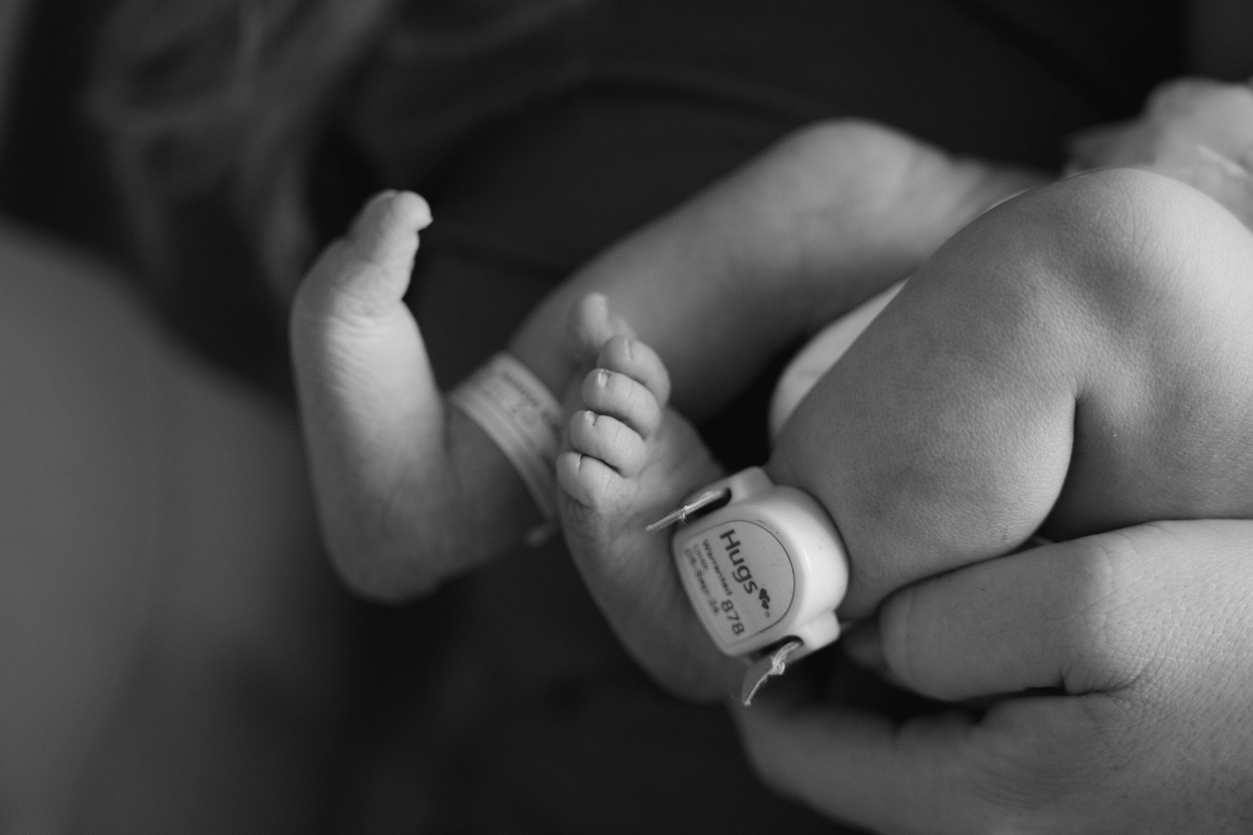 Black and white photo of a newborn baby's tiny feet with hospital ID bracelet held by parent's hands.
