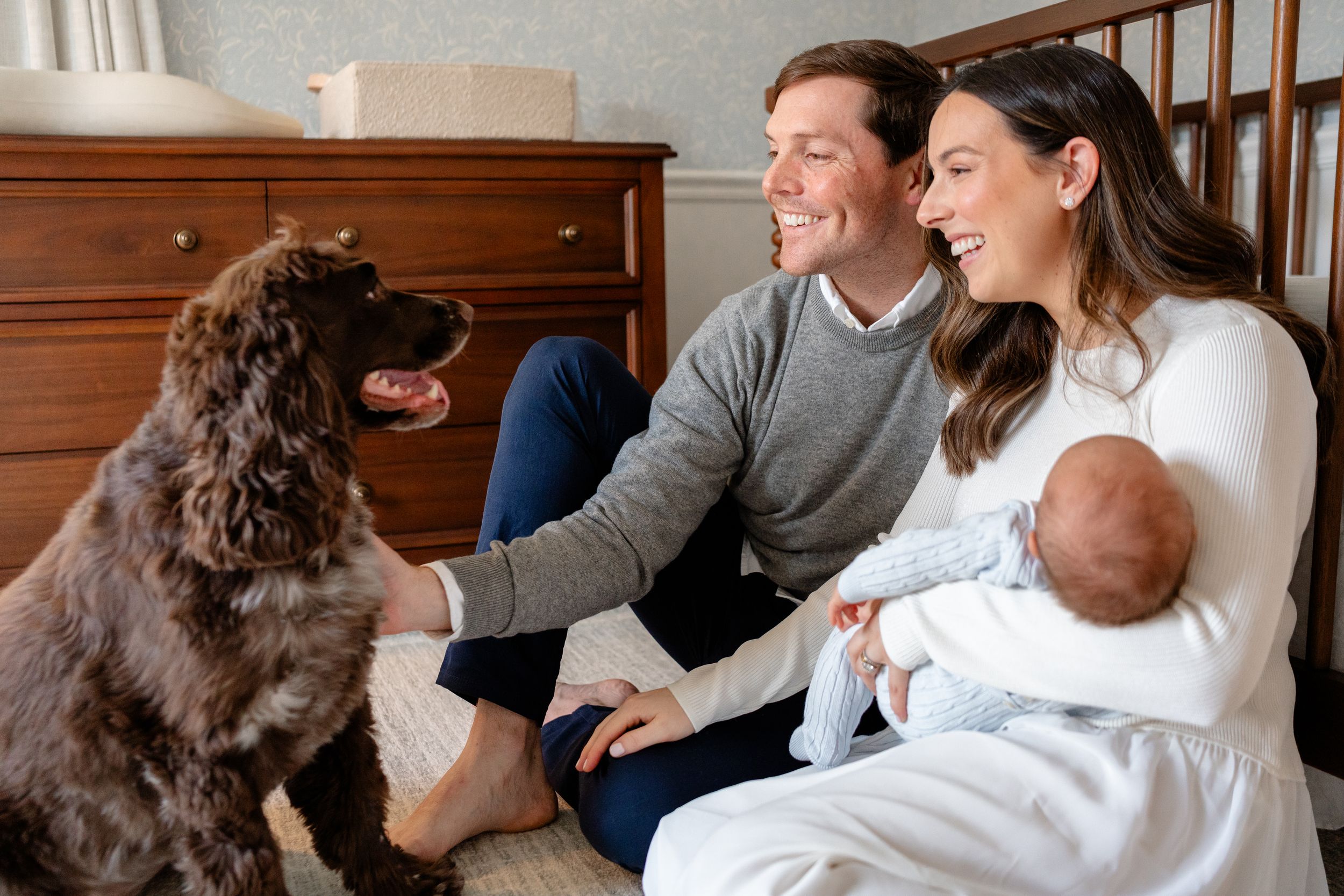 A chocolate Labrador retriever sits on a couch with people in a casual home setting.