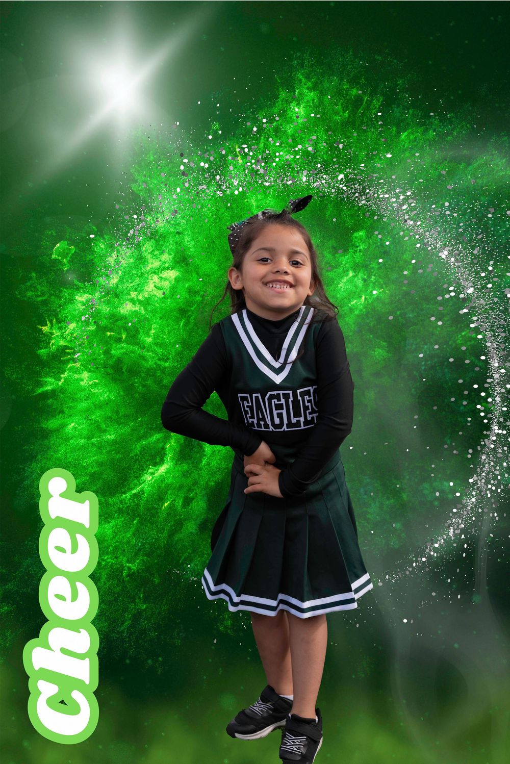Young girl in Eagles cheerleader uniform poses against vibrant green background with cheer text.