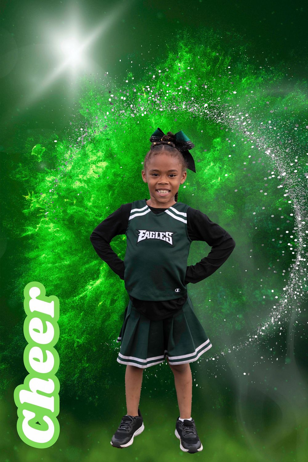 Young girl in Eagles cheerleader uniform poses confidently against vibrant green smoke background.