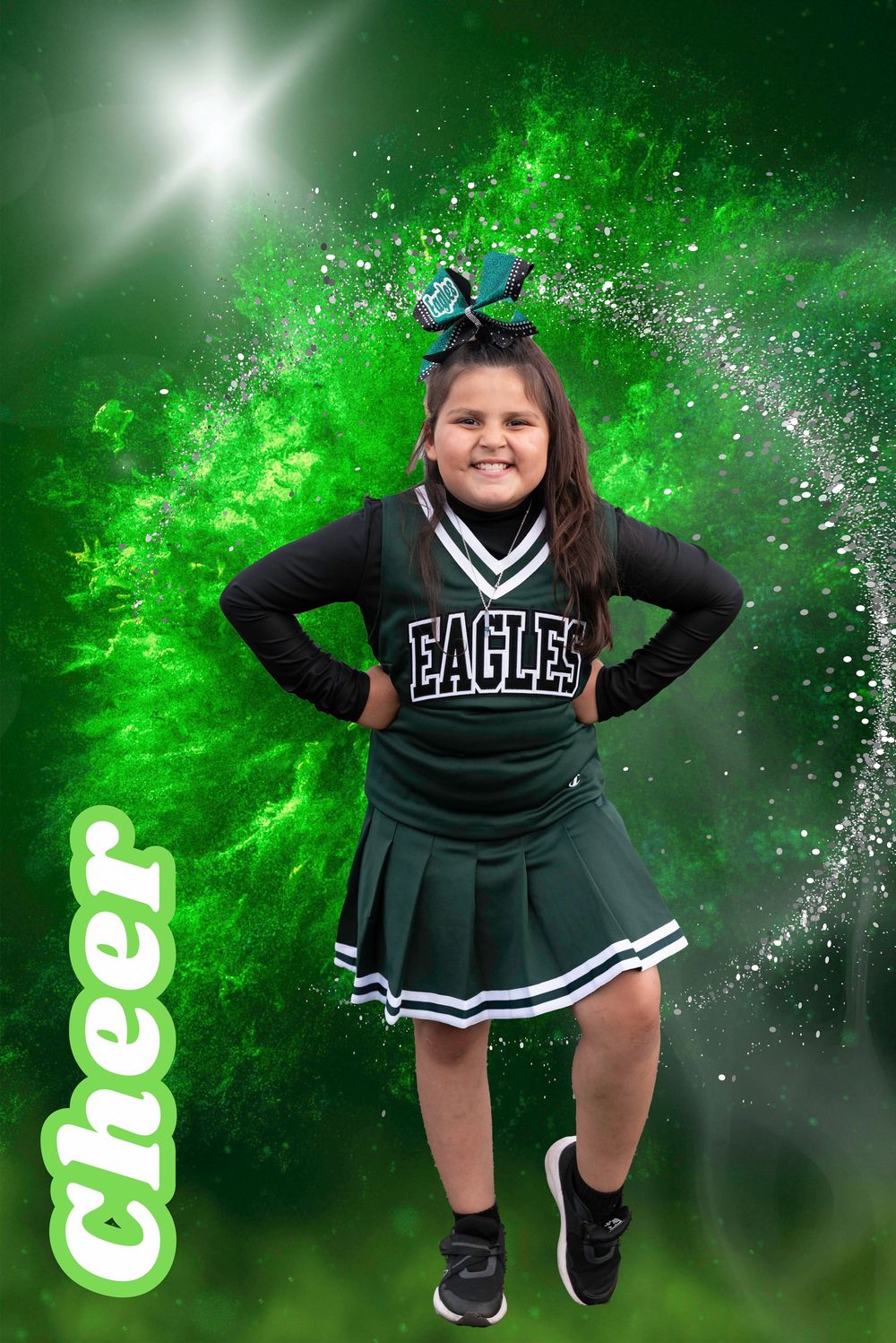Young girl in Eagles cheerleader uniform poses confidently against vibrant green background with cheer text.