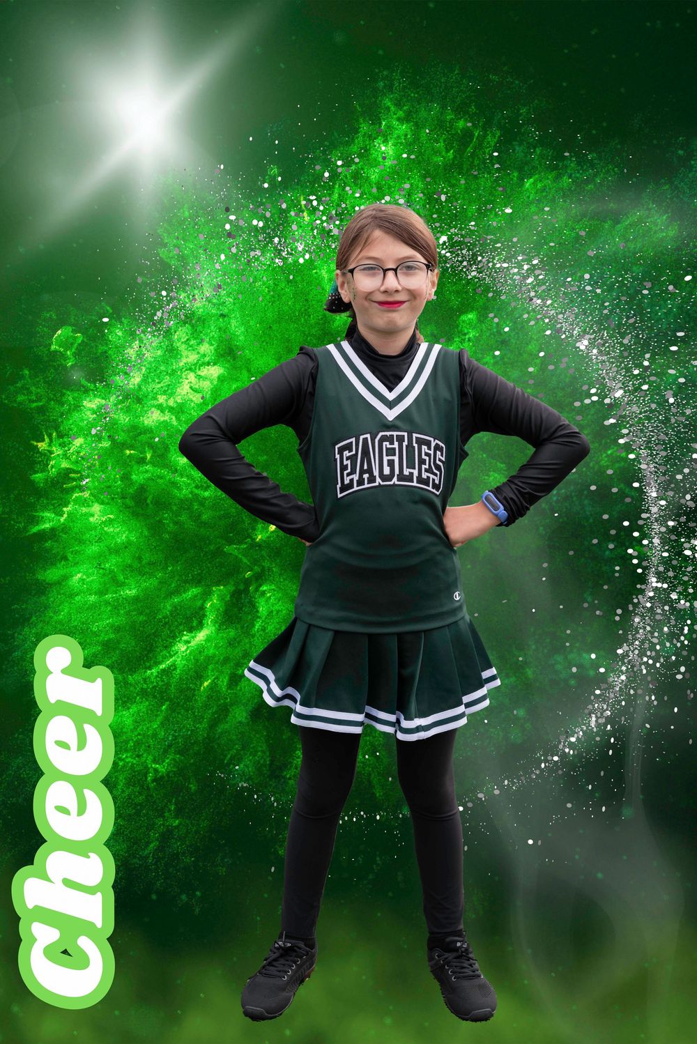 Young girl in Eagles cheerleader uniform poses confidently against vibrant green background with cheer text.
