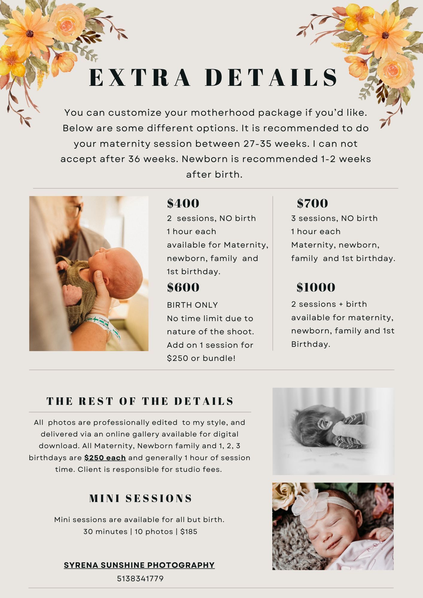 Maternity photography pricing guide with floral design showing newborn and pregnancy photo packages from Syrena Sunshine Photography.