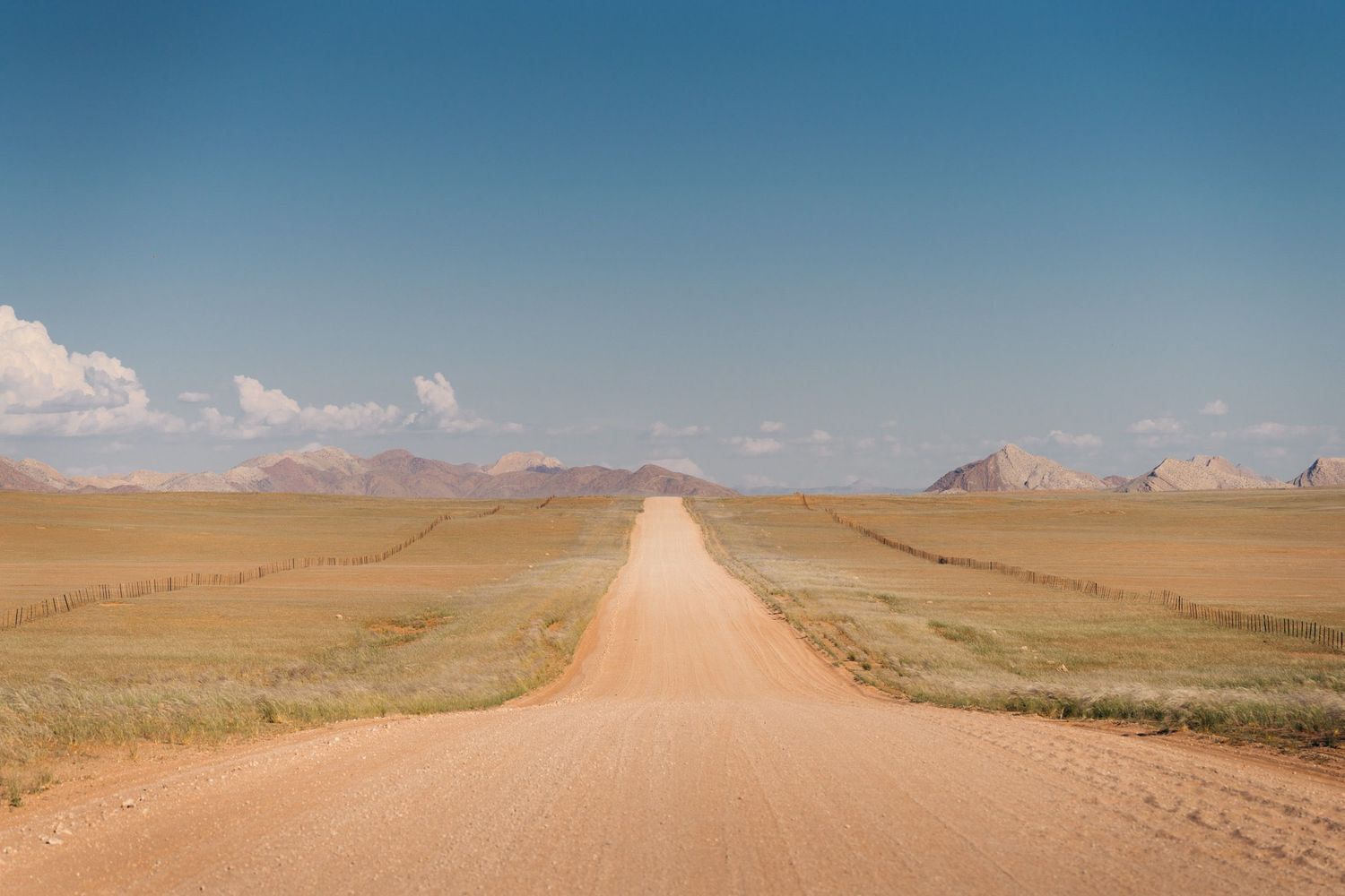 immense piste en terre en namibie avec brousse, plaines et montagnes en arrière-plan