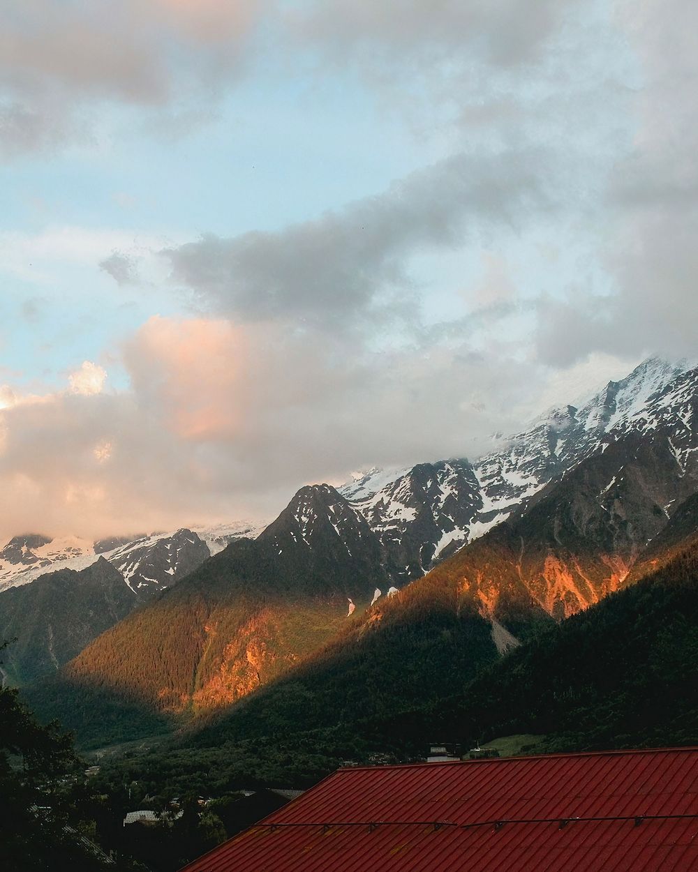 Chamonix, France, French Alps, mountains, alpenglow, sunset, orange, clouds, village, photography