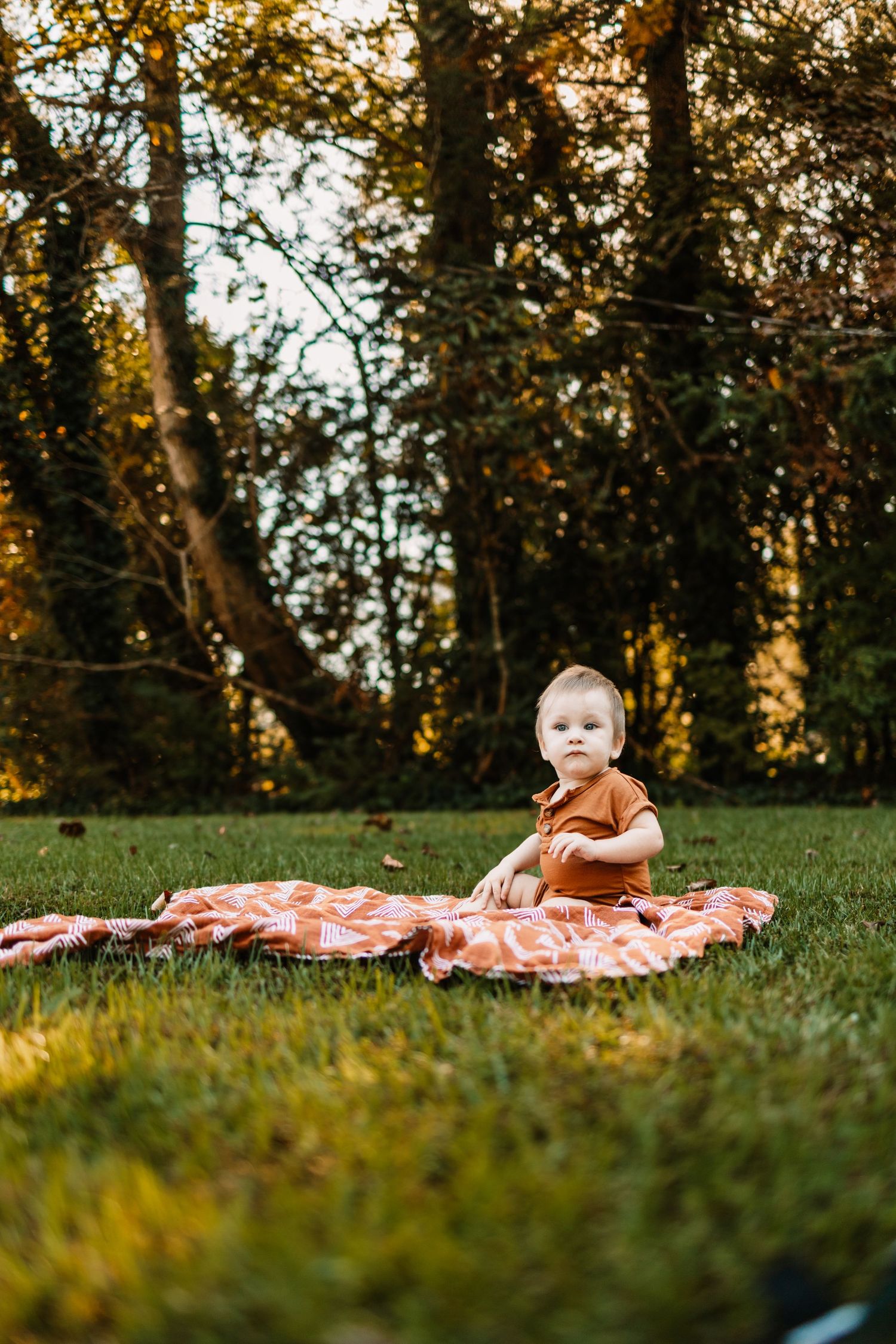 Baby in brown outfit sits on orange blanket in sunny autumn park with tall trees in background.