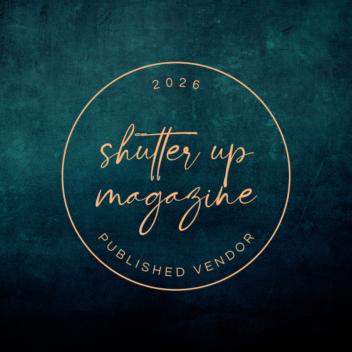 Gold circular badge on teal background reading Shutter Up Magazine 2026 Published Vendor.