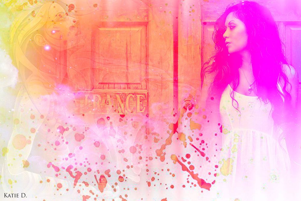 Vibrant pink and yellow artistic photo of a woman in white dress with paint splash overlay.