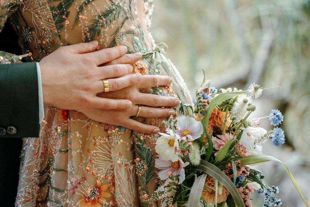 Floral bridal details showing hands with wedding rings against sequined dress and soft bouquet.
