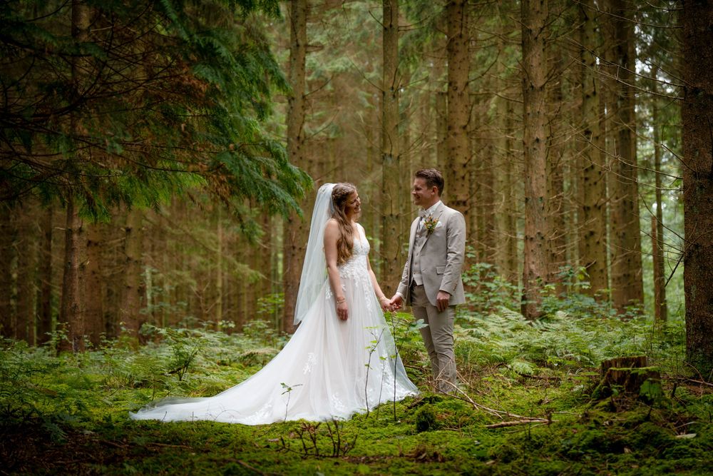 Romantic wedding portrait of a couple surrounded by towering pine trees in a forest.