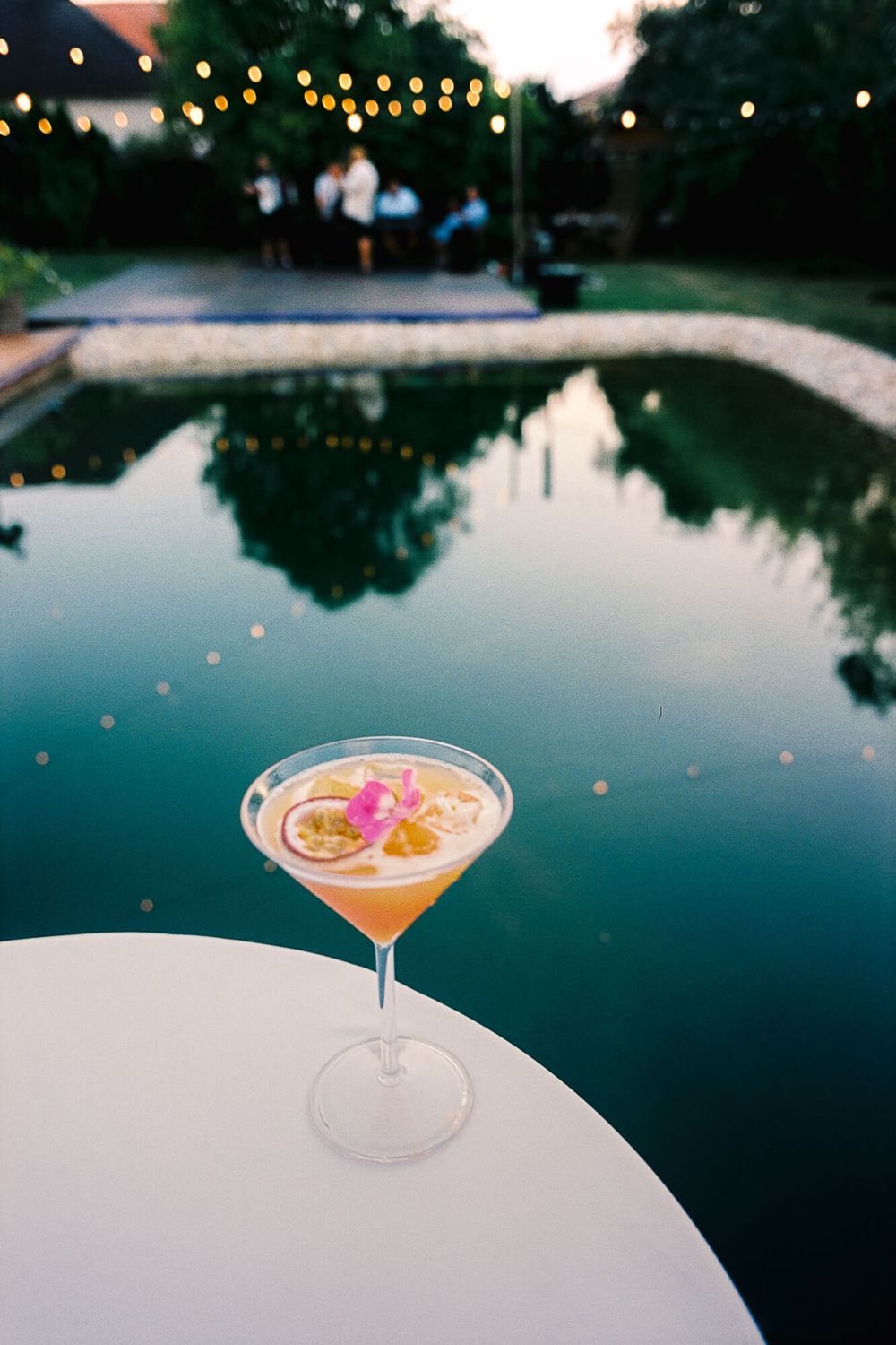 Elegant cocktail garnished with citrus and pink flower in martini glass beside a reflective garden pool.