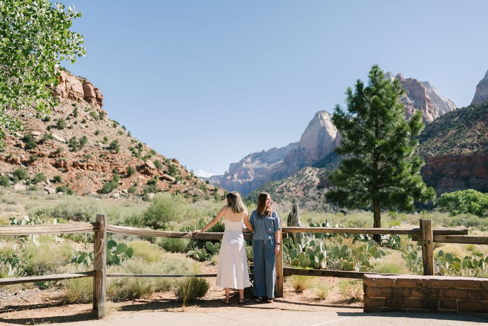 Wedding couple holding hands overlooking stunning Zion National Park red rock canyon landscape.