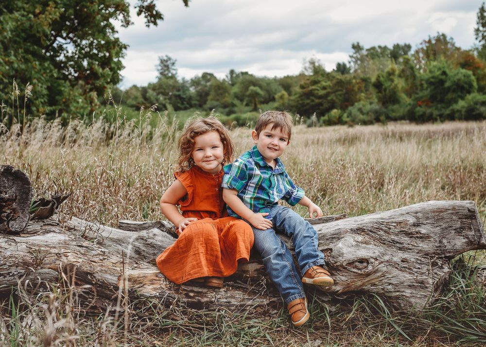 Two young children sitting on a log in a meadow, girl in orange dress and boy in plaid shirt, smiling outdoors.