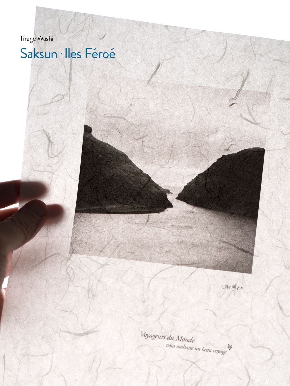 Washi paper print of Saksun Faroe Islands showing dramatic black rock formations framing a misty fjord landscape.
