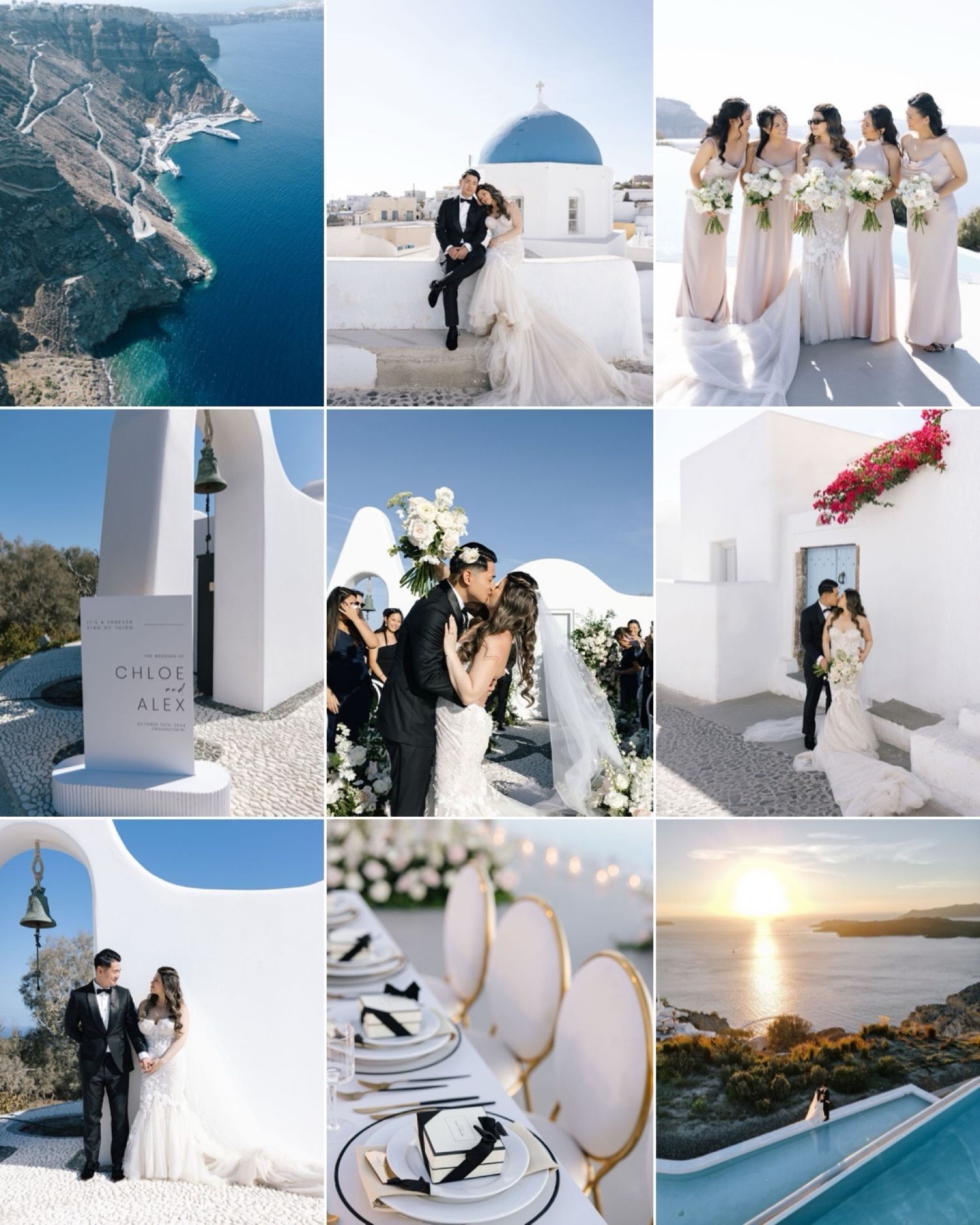 Stunning Santorini wedding collage featuring aerial views, blue-domed church, bridesmaids, couple portraits, and golden sunset reception.