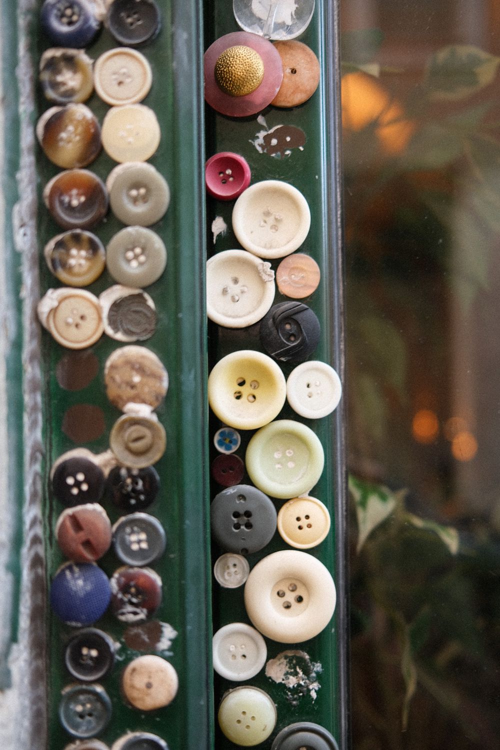 Collection of vintage sewing buttons in various sizes and colors displayed on green metal strips.