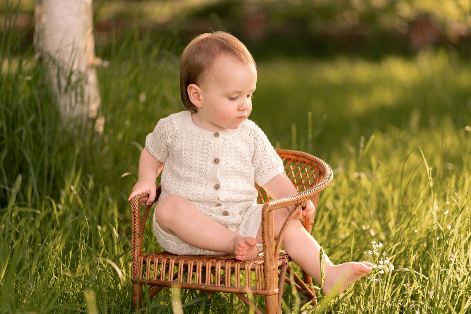 A cute baby in a white romper sits in a wicker chair surrounded by lush green grass outdoors.