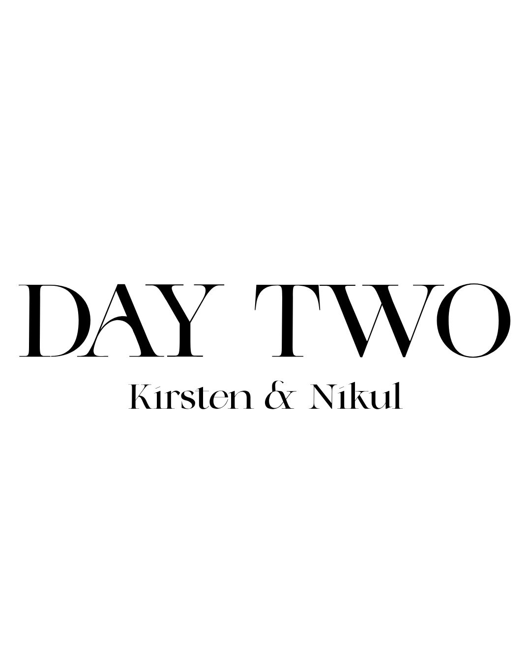 Day Two wedding logo featuring Kirsten and Nikul in elegant black serif typography on white background.