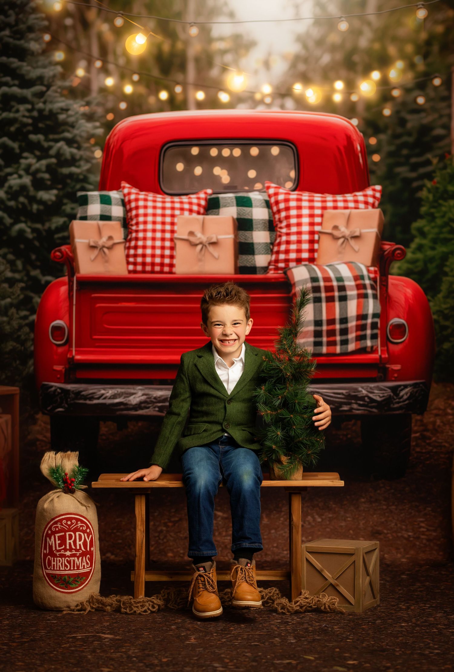 A smiling boy in a green blazer sits on a bench before a red Christmas truck with plaid pillows and gifts.